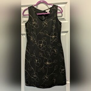 Ann Taylor Loft, Black A-line dress with delicate gold floral details, size 8P